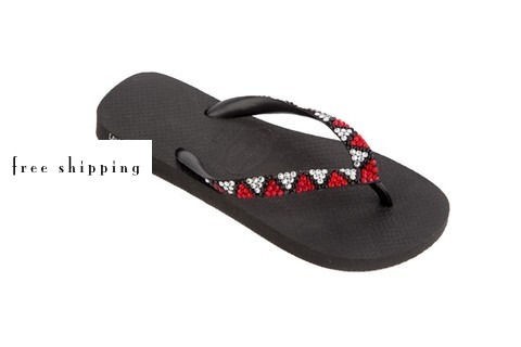 Black & Triangles (Lt Red, Clear + Black) Rhinestone Flip Flops